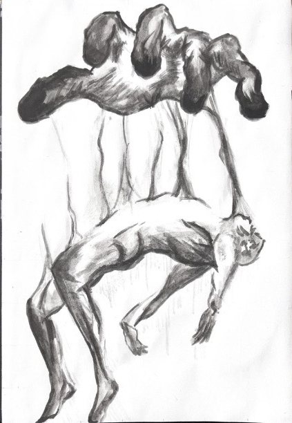 Drawing of a limp figure hanging from a large hand