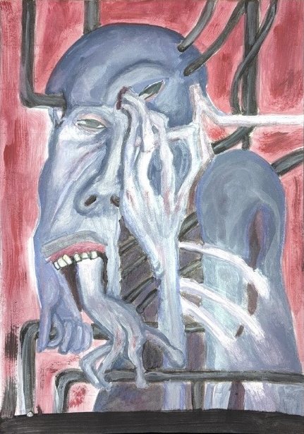 Painting of a blue face with hands over it against a red background