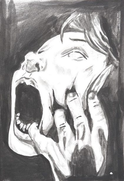 Black and white painting of a screaming face with hands at the cheeks