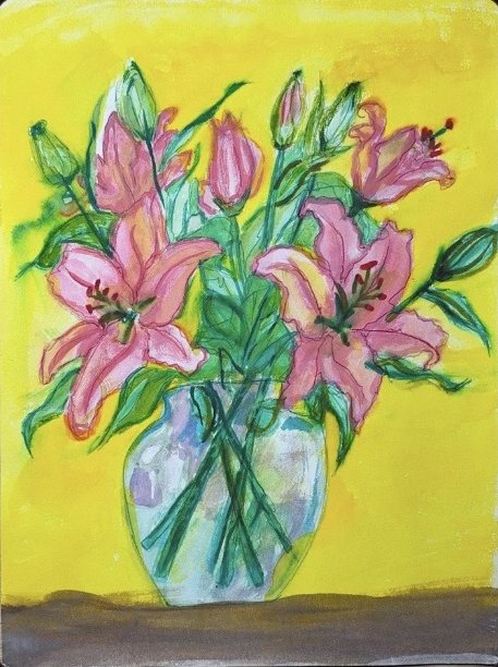 Painting of pink lilies in a glass vase on a yellow background