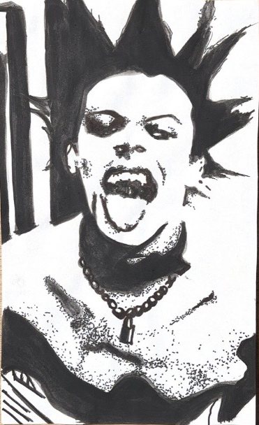 Ink portrait of a figure with spiked hair and an open mouth