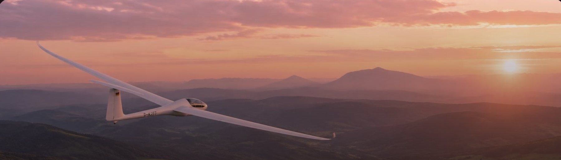 A glider flying over layered hills at sunset